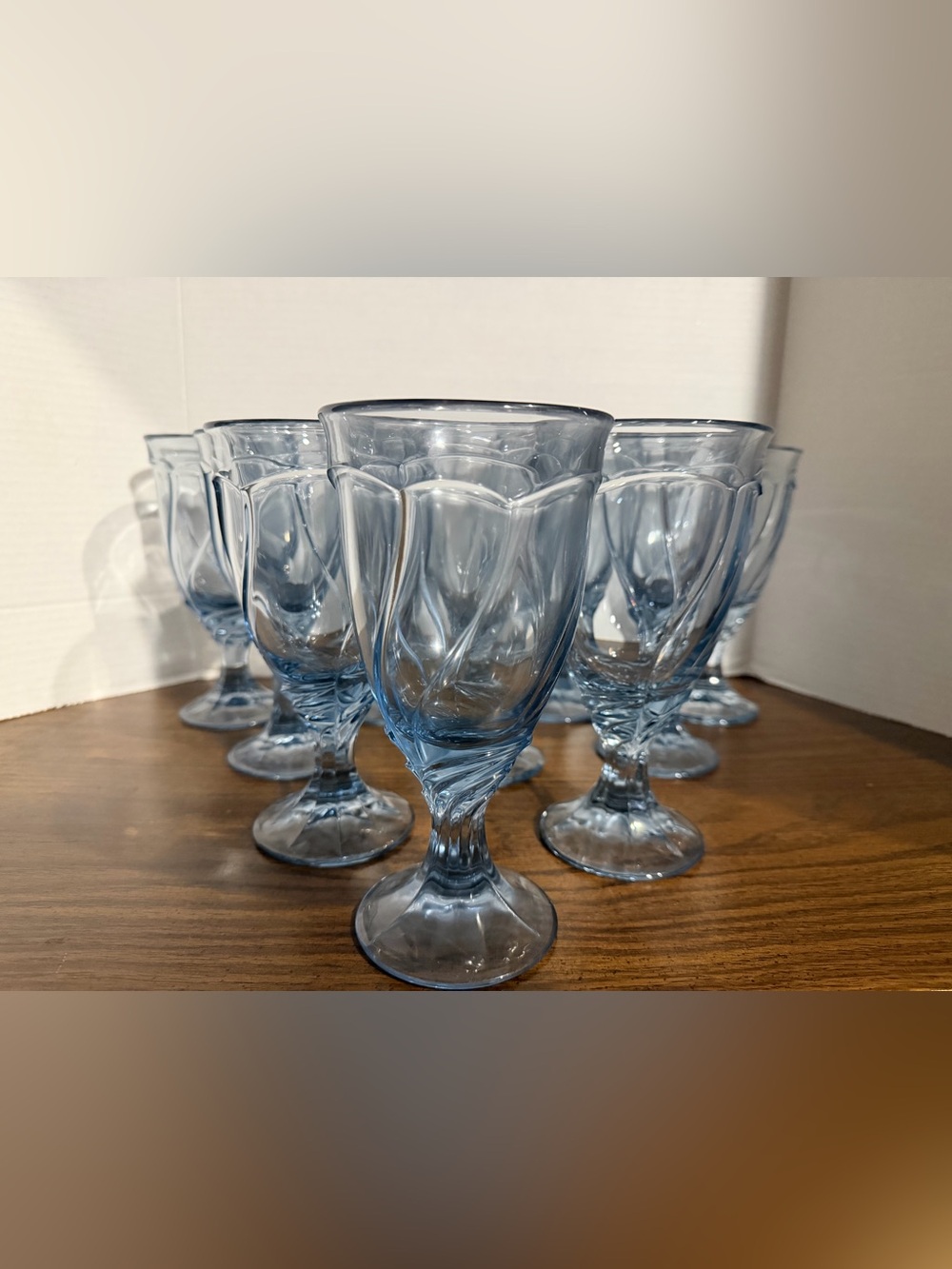 A set of 10 vintage Noritake Sweet Swirl light blue goblets.